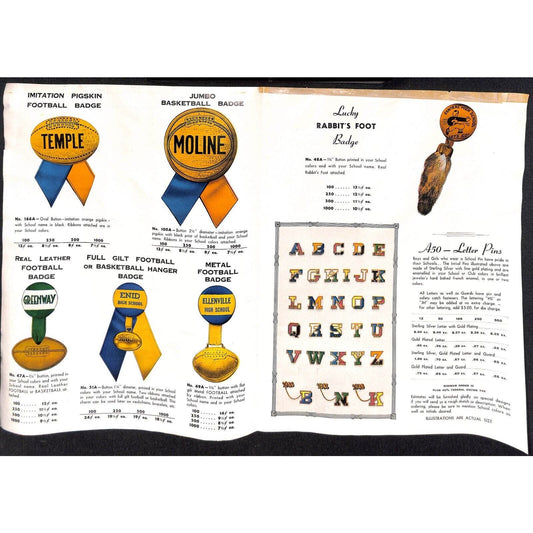 1953-54 Philadelphia Badge Co. School Sports Pennant Button Ribbon Flyer Sheet
