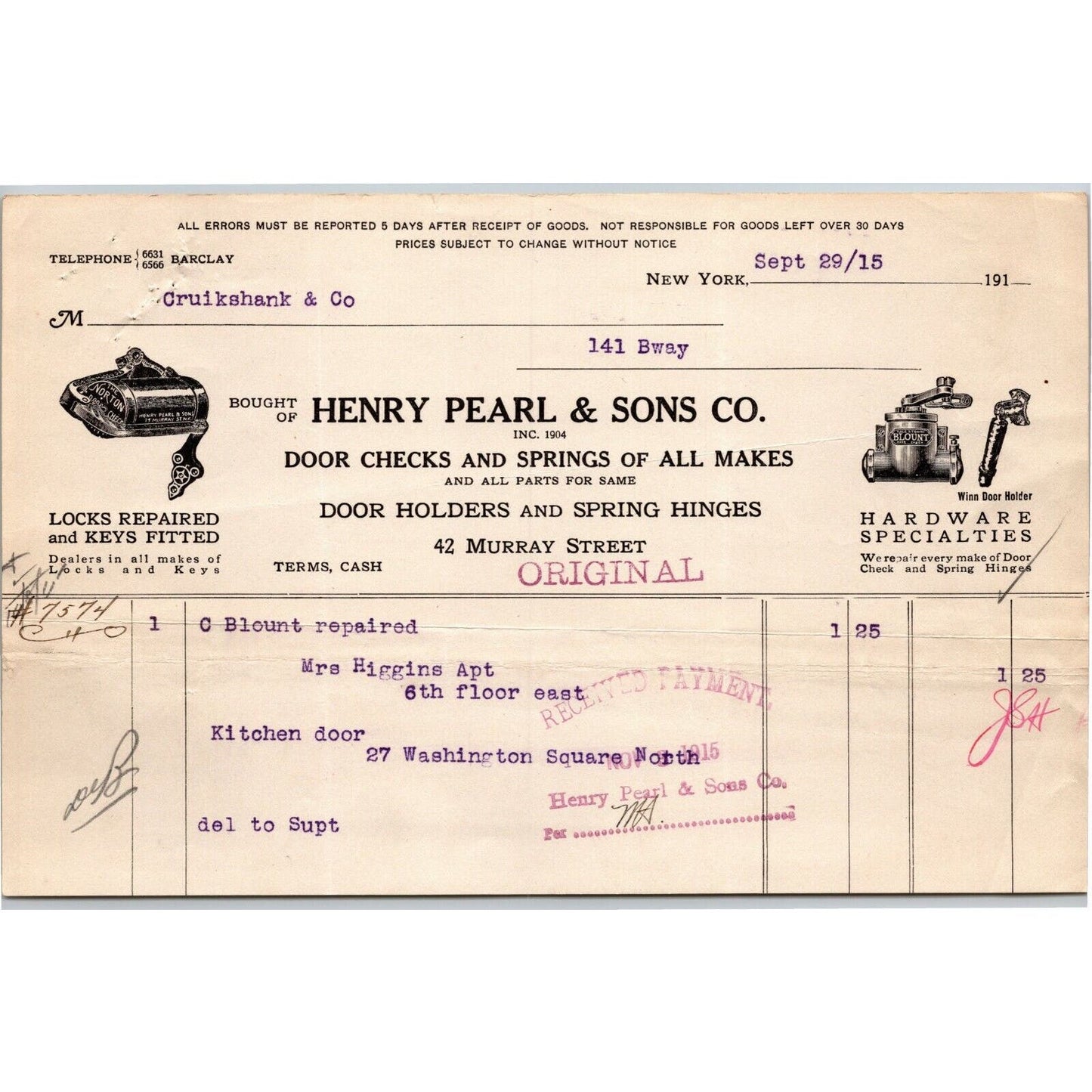 1915 "Henry Pearl & Sons Co." Keys Locks Billhead Letterhead Murray St, NYC