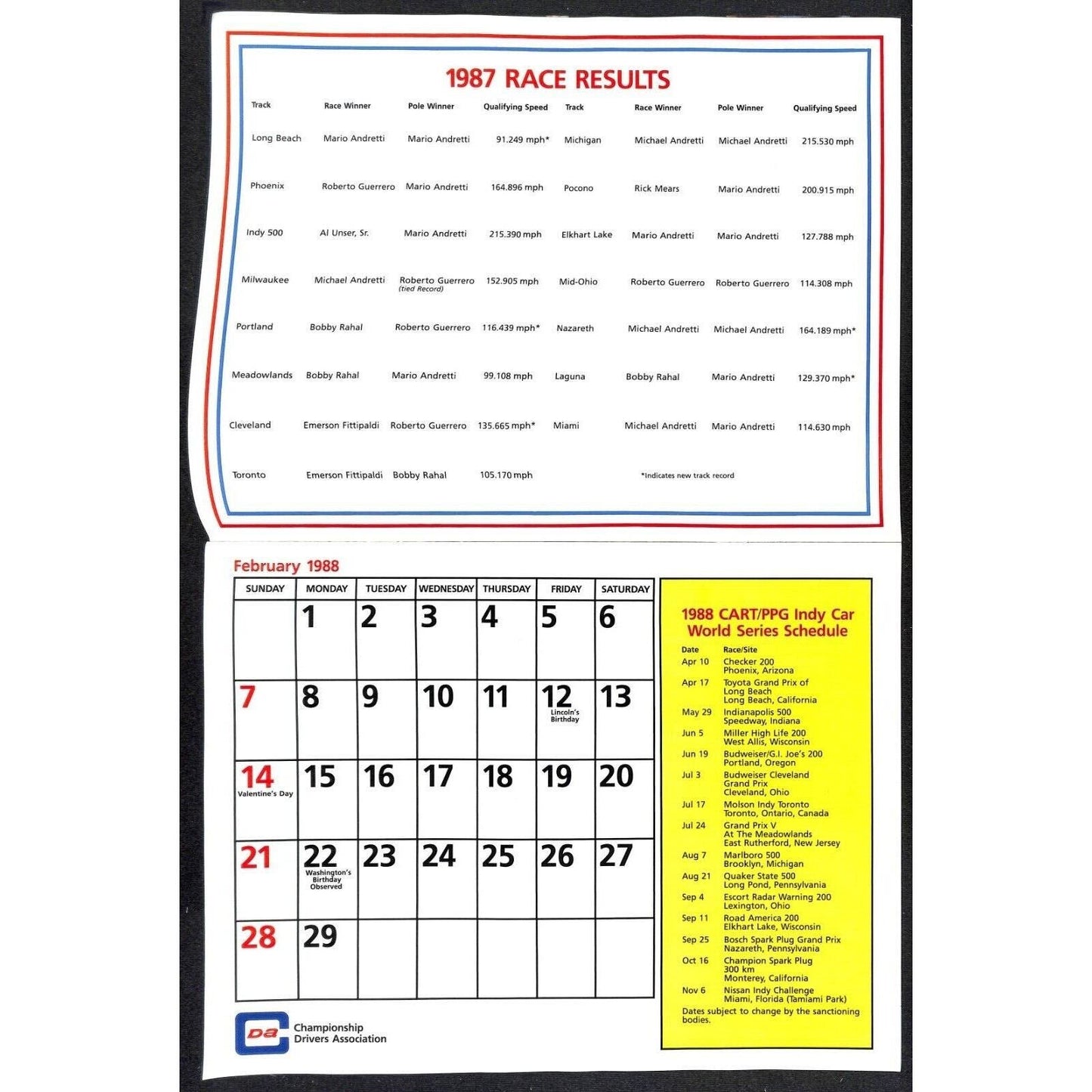 1988 Indy 500 PPG CDA Championship Drivers Assoc. Calendar w/ Bobby Rahal