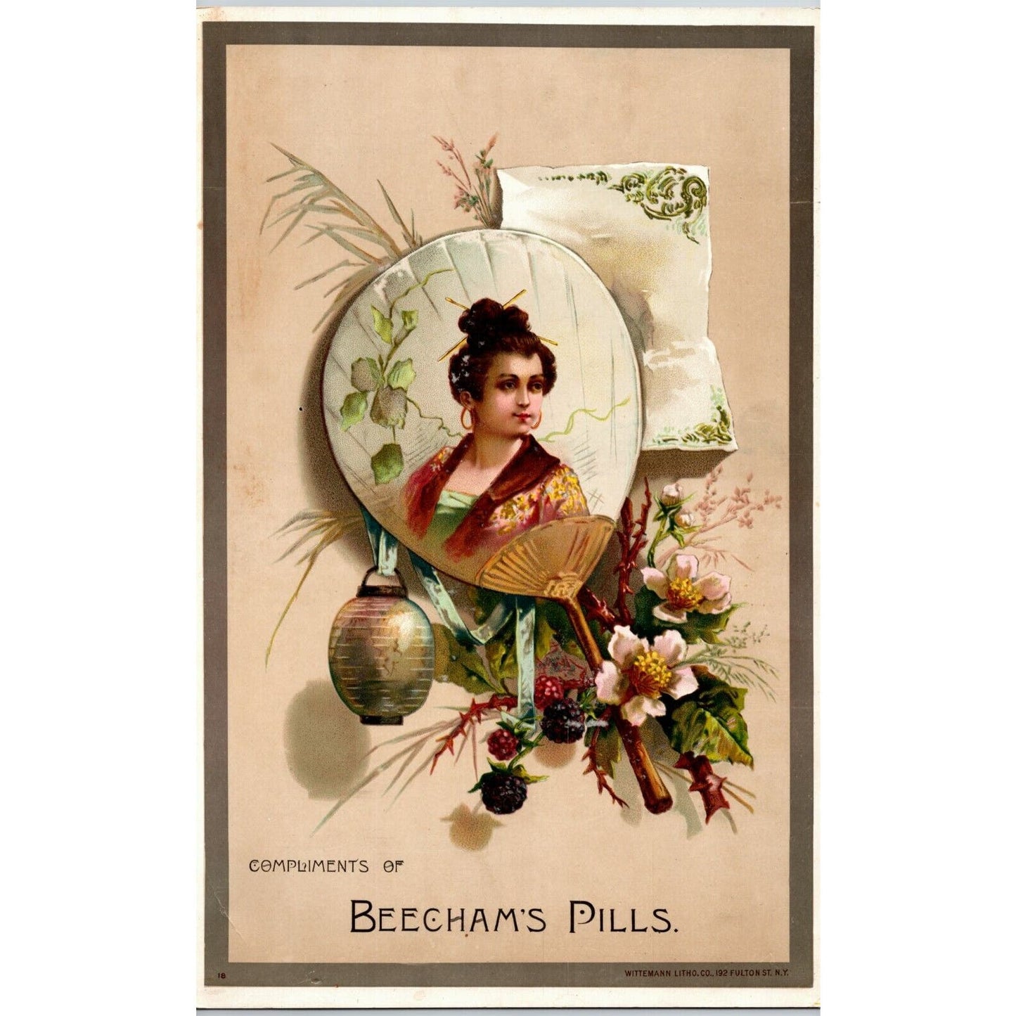 Giant 8 3/4" x 13 1/4" Beecham's Pills Asian Bamboo Fan Victorian Trade Card