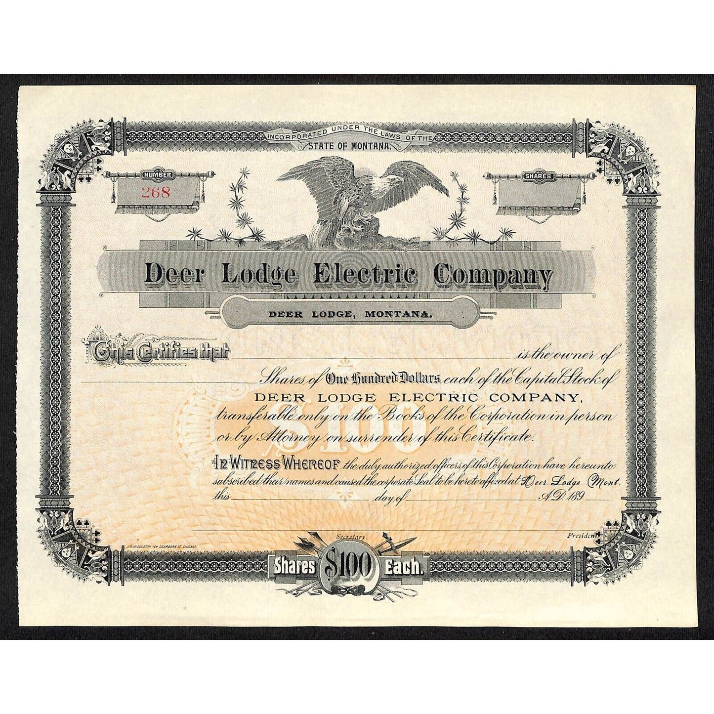 Deer Lodge Electric Company Montana 1880's Unused Stock Certificate - Scarce VGC