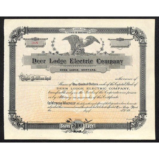 Deer Lodge Electric Company Montana 1880's Unused Stock Certificate - Scarce VGC