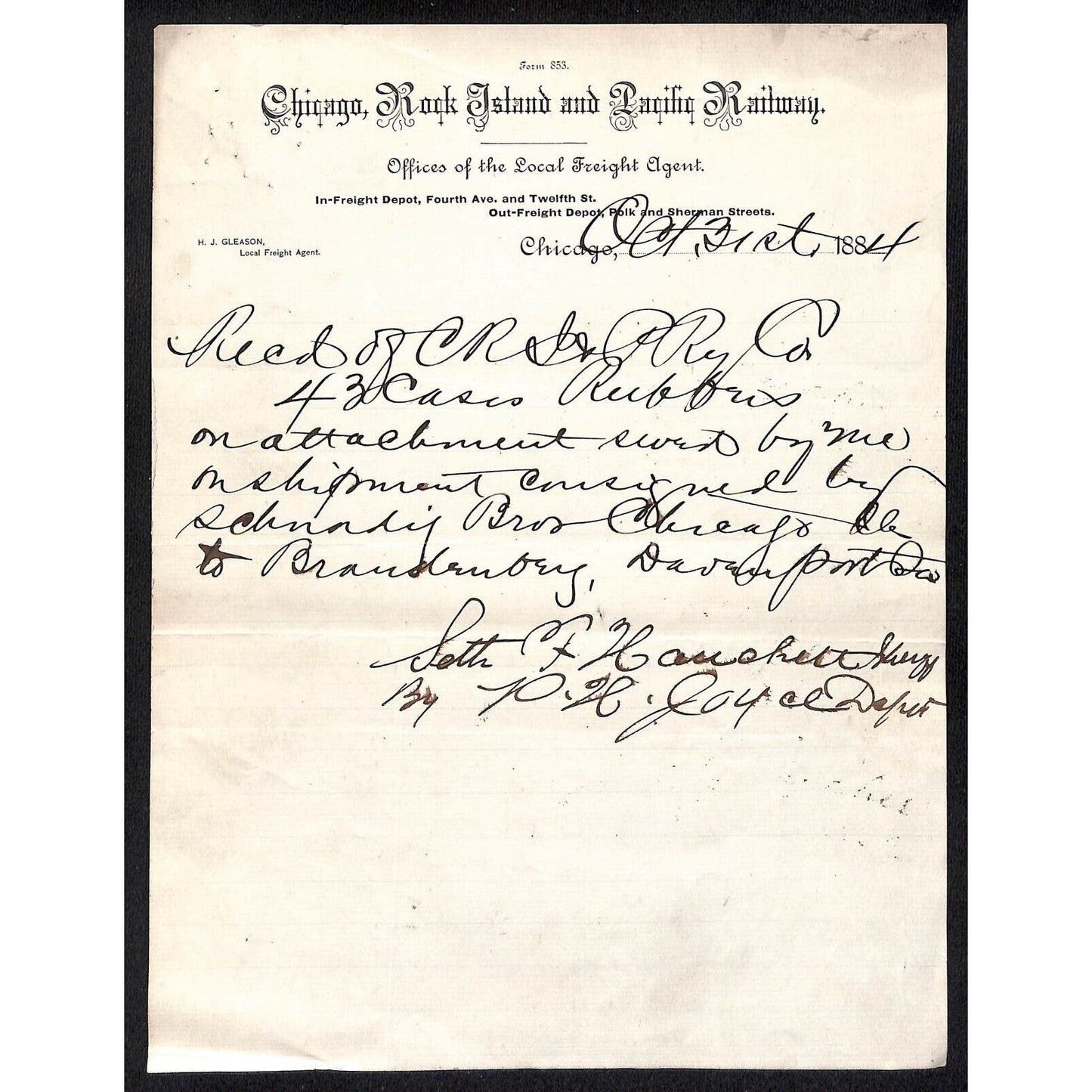 Chicago Rock Island & Pacific Railway 1884 Freight Receipt Letterhead
