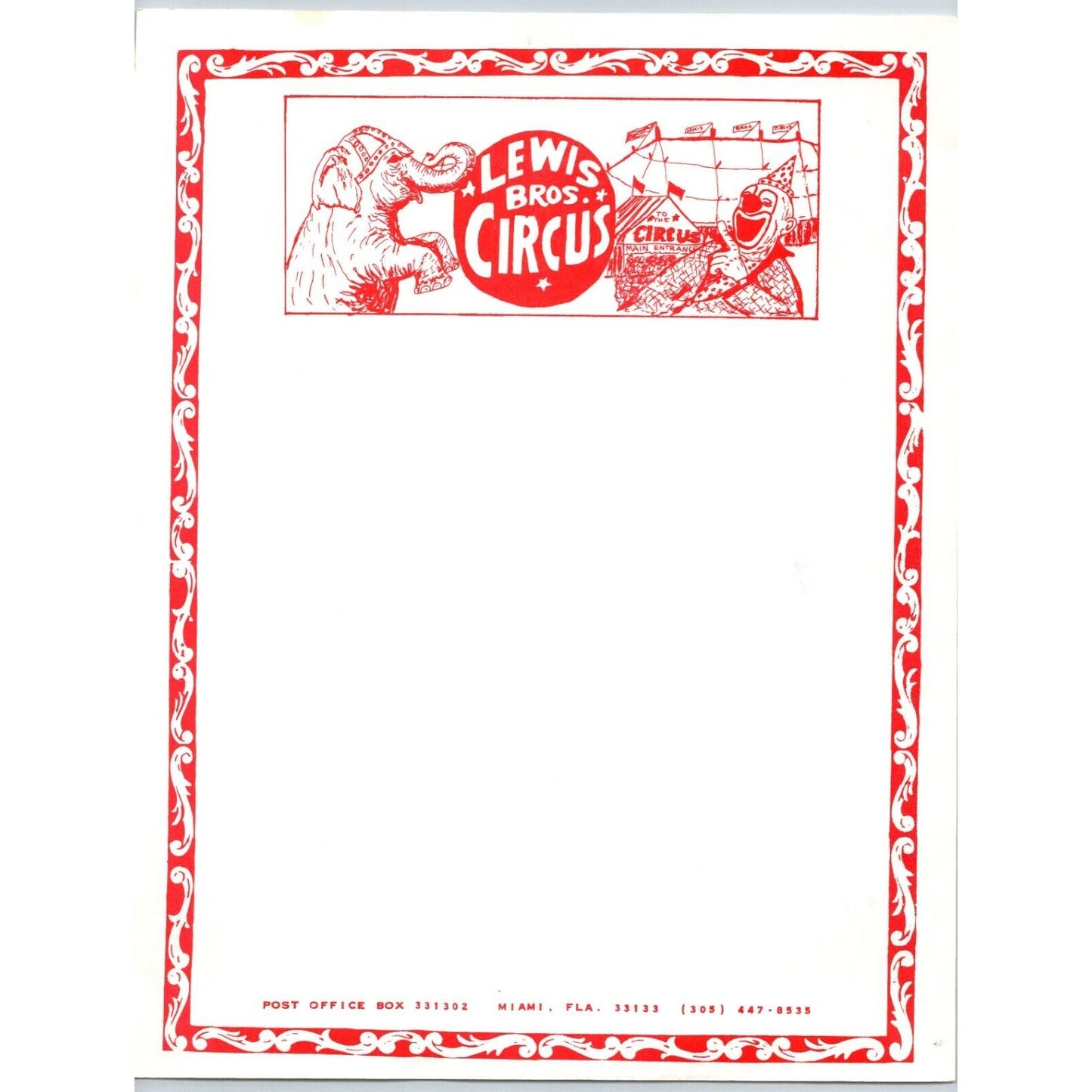 Lewis Bros. Circus Letterhead Miami Clown Elephant Big Top c1965-75