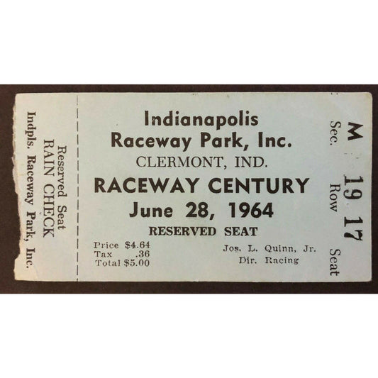 1964 Indianapolis Raceway Park "Raceway Century" Ticket Stub - VGC