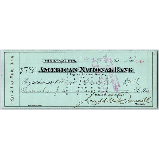Helena & Frisco Mining Co. Montana American National Bank Check 1897 VGC