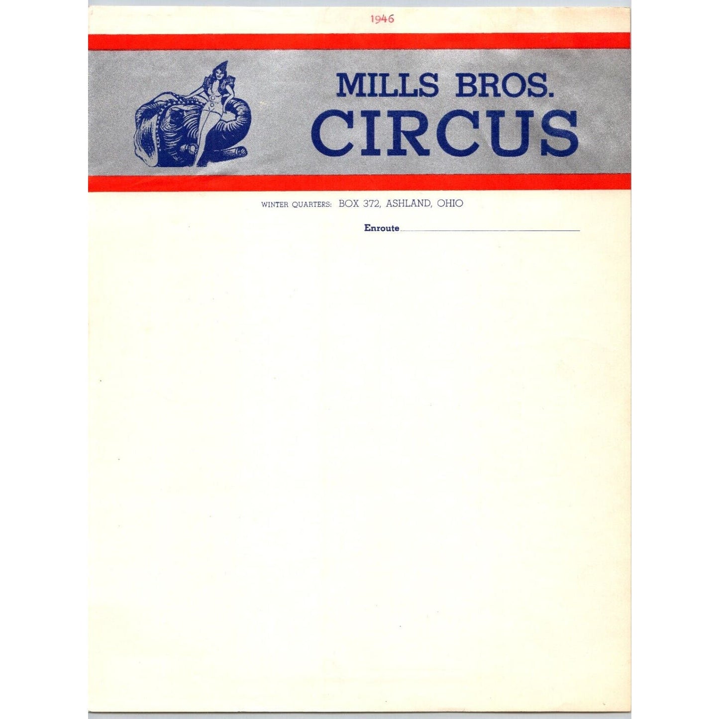 Mills Bros. Circus Letterhead c1946 Ashland, OH w/ Solid Silver Ink Background