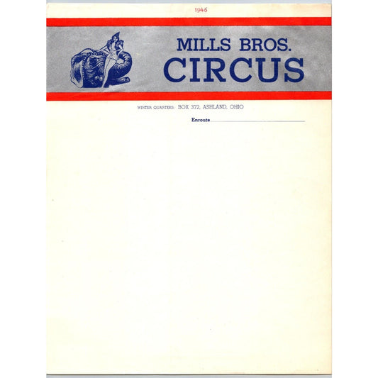 Mills Bros. Circus Letterhead c1946 Ashland, OH w/ Solid Silver Ink Background