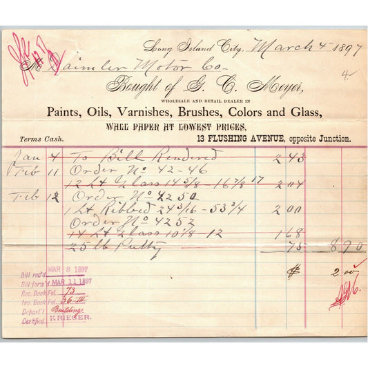 G.C. Meyer Paints Wall Peper 1897 Letterhead LIC NY to Daimler Motors / Steinway
