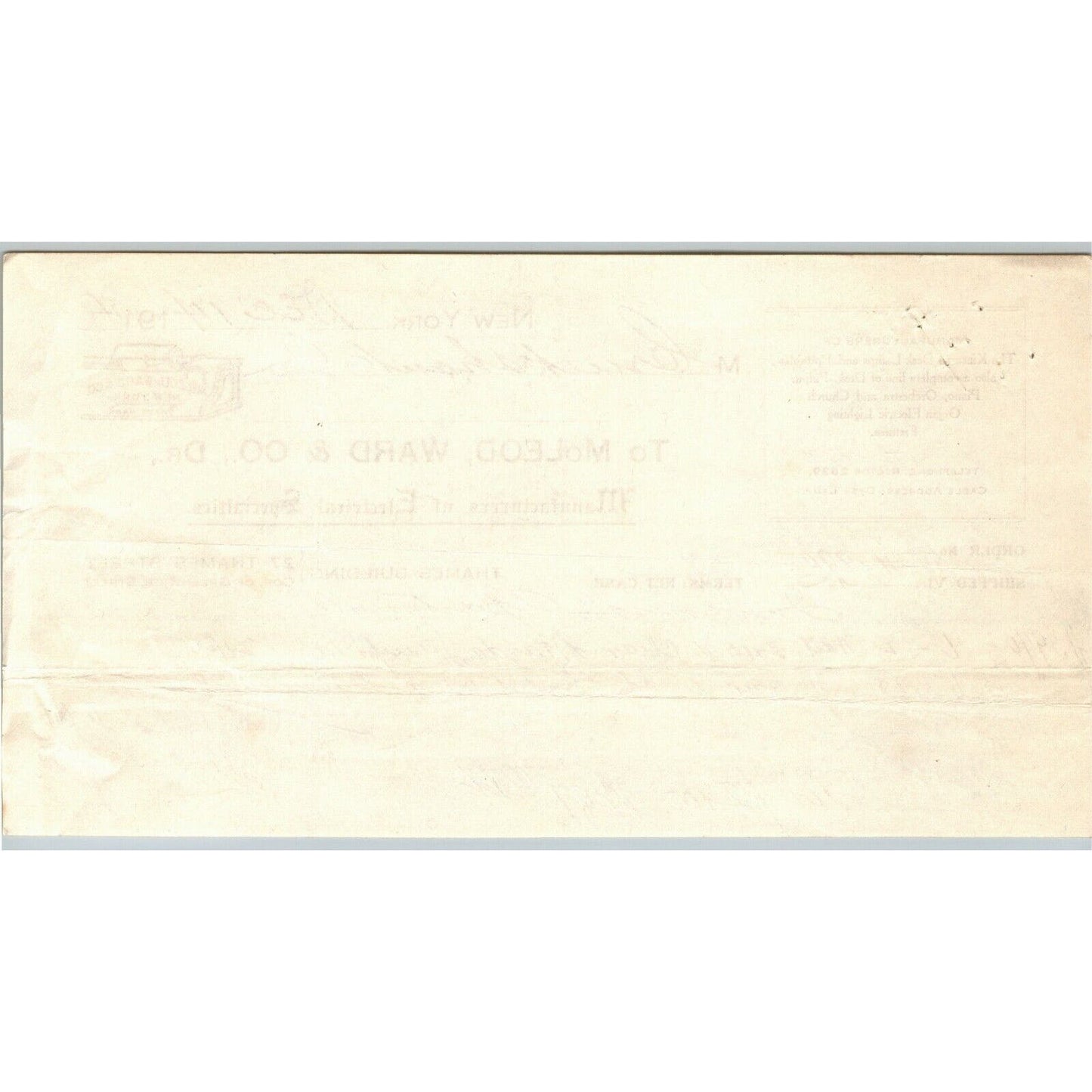 1914 McLeod, Ward & Co. Electrical Letterhead Mazda Lamps - 27 Thames St. NYC