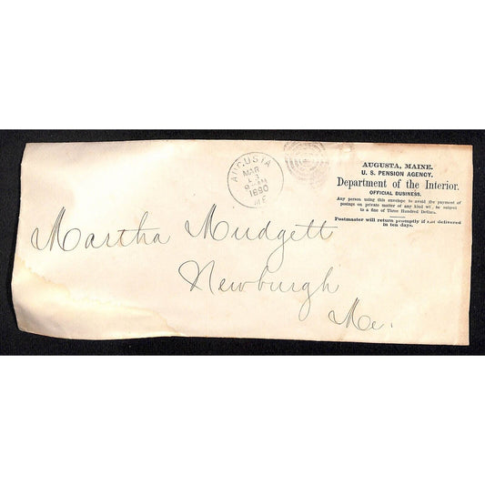 Augusta, ME 1890 U.S. Pension Agency Dept. of the Interior - Cover Only