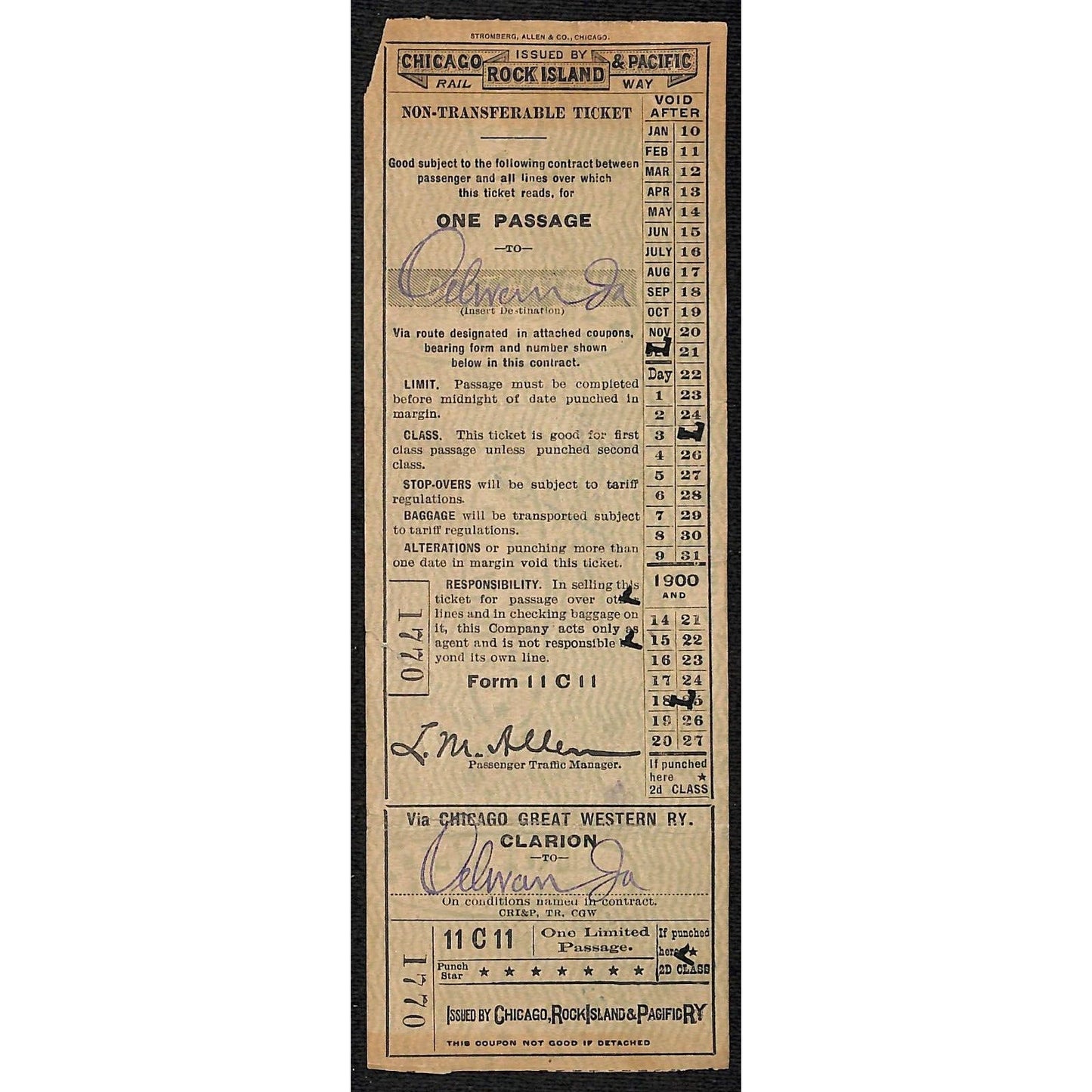 1925 Chicago Rock Island & Pacific Railway Railroad Ticket "Clarion to"