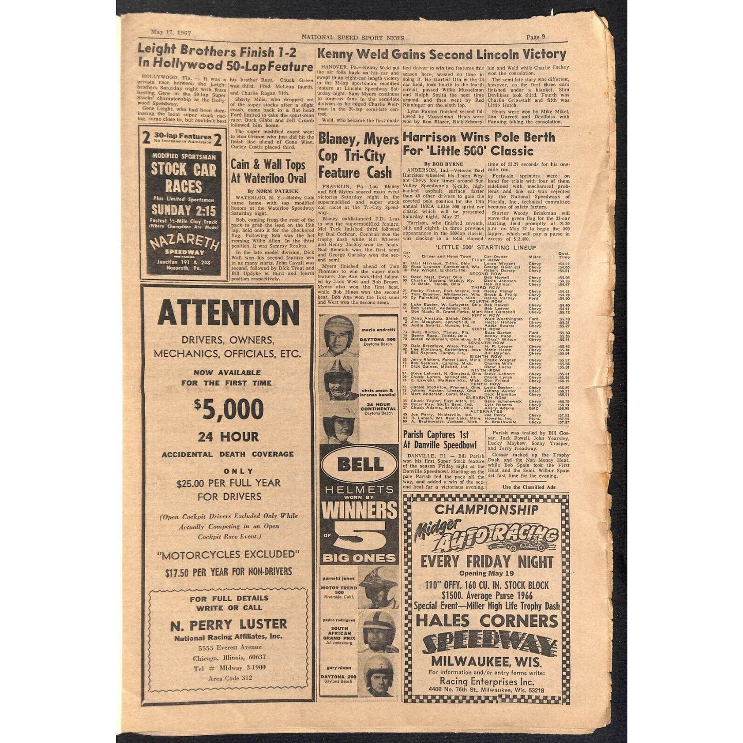 National Speed Sport News 5/17 1967 Andretti Indy Pole Again Racing 23pp