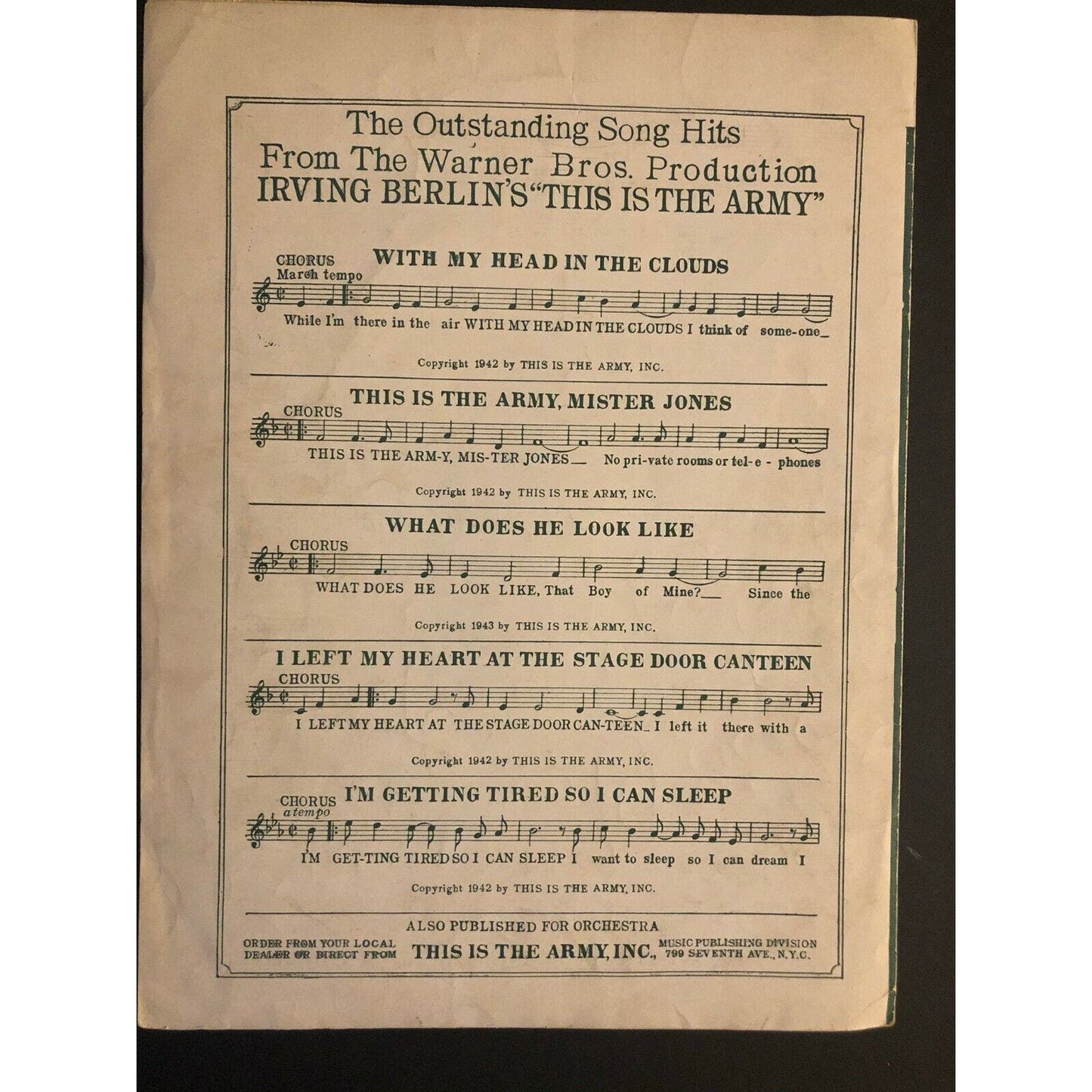 1942 Sheet Music "With my Head in the Clouds" "This is the Army" Irving Berlin