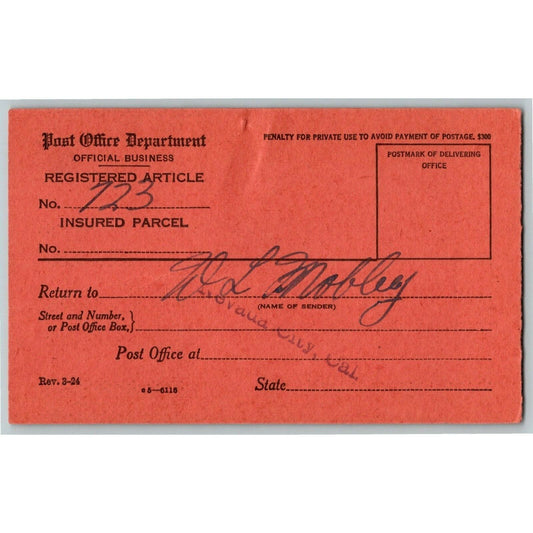 .c1924 Post Office Registered Article Insured Parcel Receipt Nevada City, CA