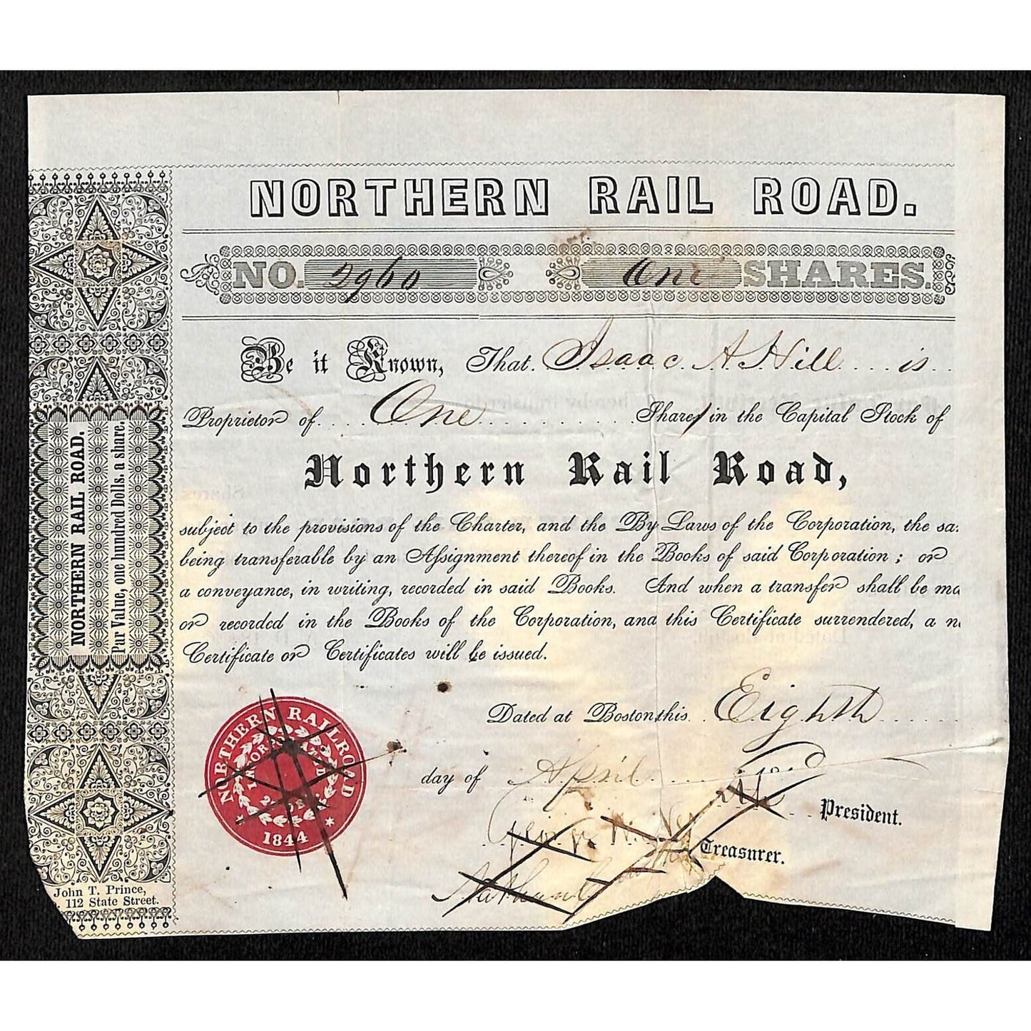 1848 Boston, MA Northern Railroad Stock Certificate No. 2960 for 1 Share