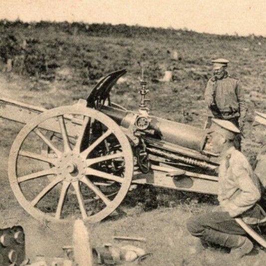 c1914 Russian Military RPPC* Postcard "Shot from the Howitzer" Soldiers Fire