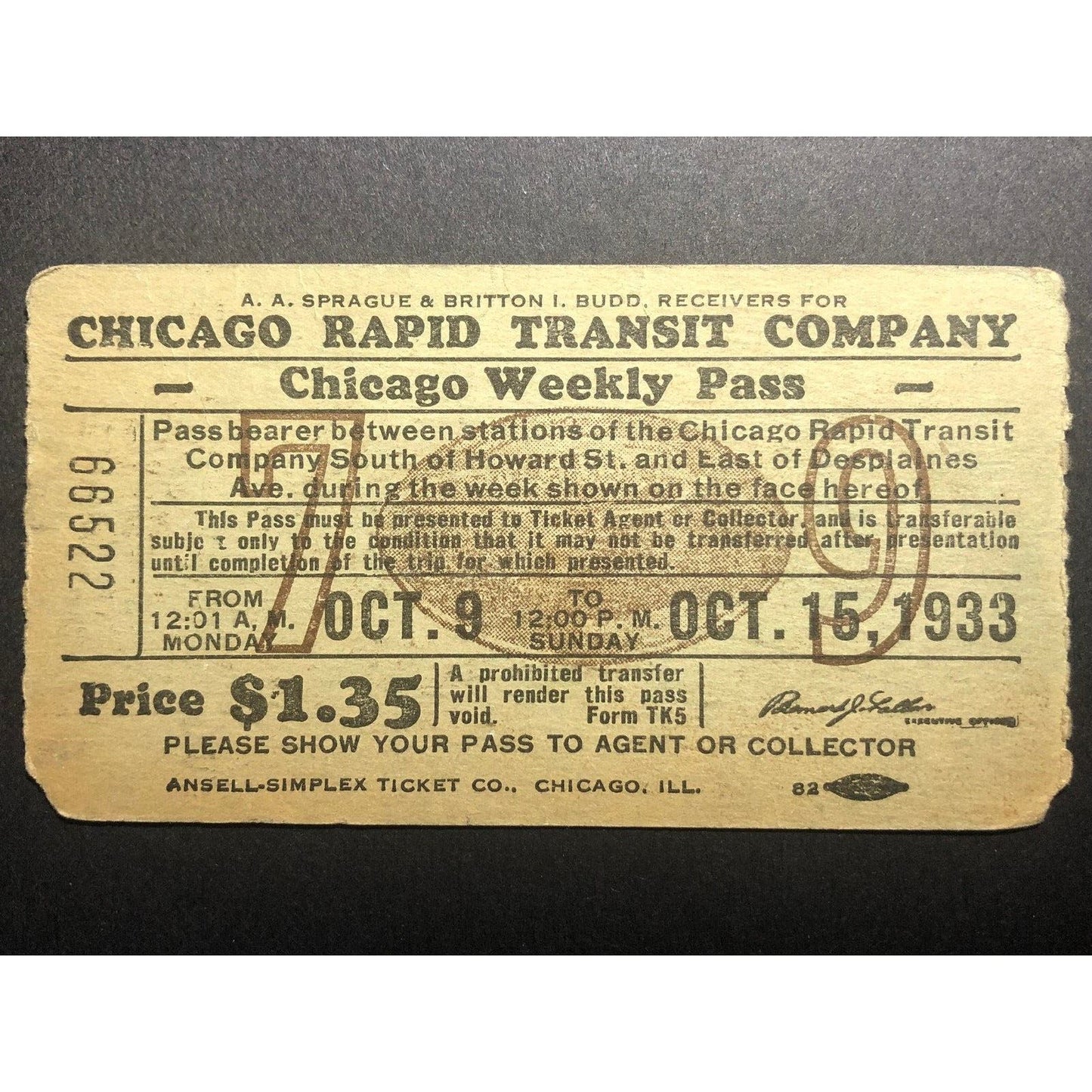 Chicago Rapid Transit Co. Weekly Pass Oct. 1933 w/ Football Underprint