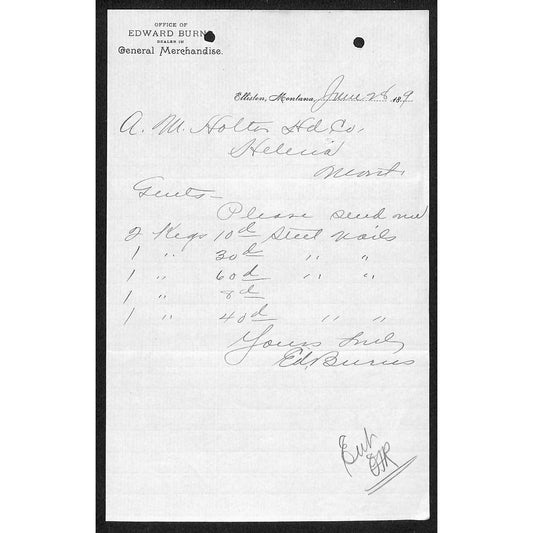 Elliston, MT Edward Burns General Merchandise June 28 c1890's Billhead - VGC