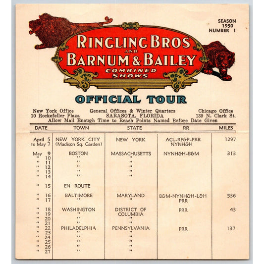 1950 Ringling Bros Barnum Bailey Circus Route Card Boston Baltimore Washington