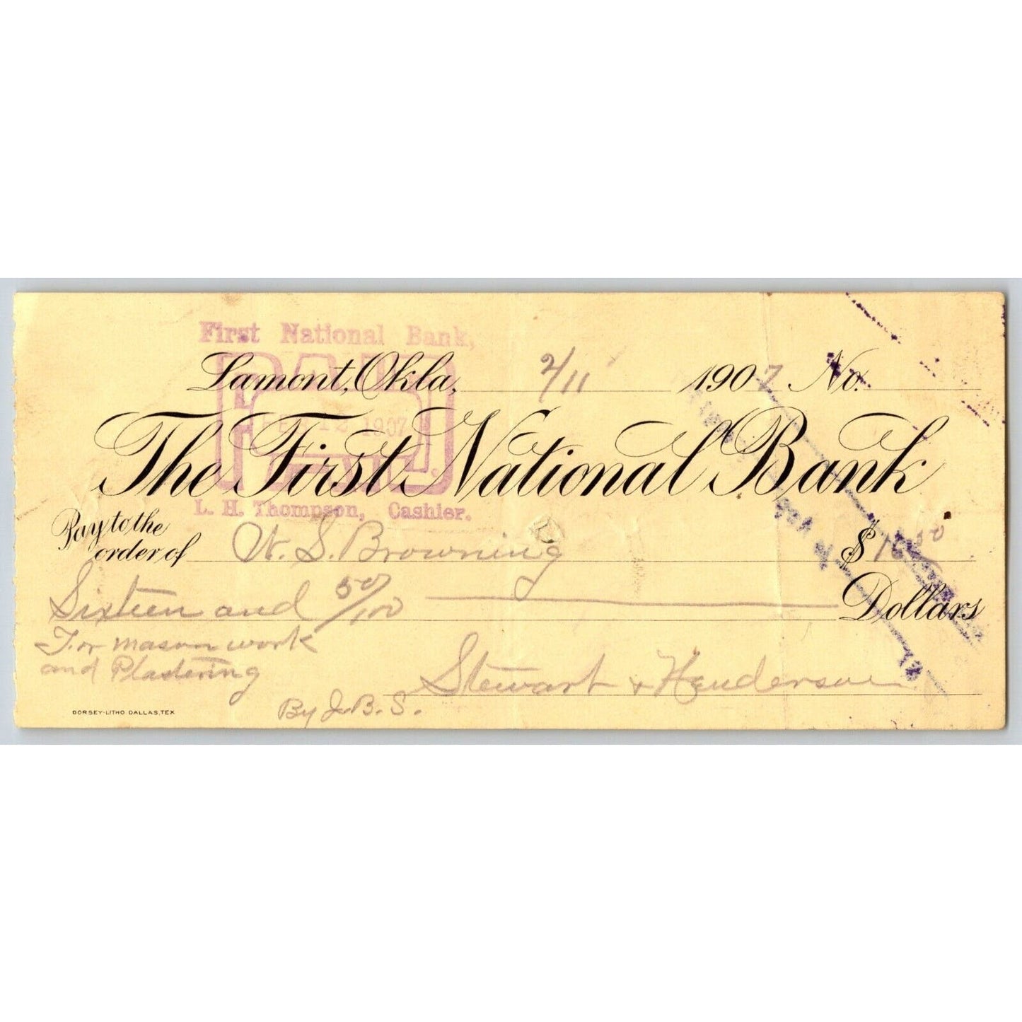 Lamont, Oklahoma 1907 Territorial "First National Bank" Check - Scarce