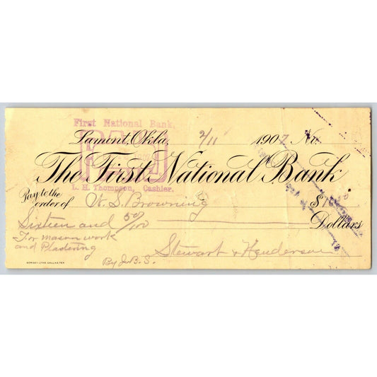 Lamont, Oklahoma 1907 Territorial "First National Bank" Check - Scarce