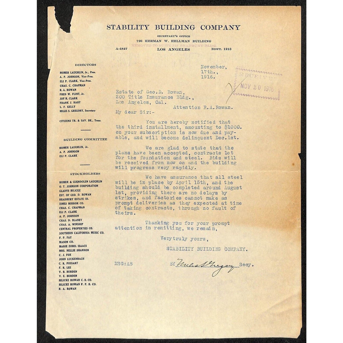 Stability Building Company Los Angeles - 1916 Letterheads (2)