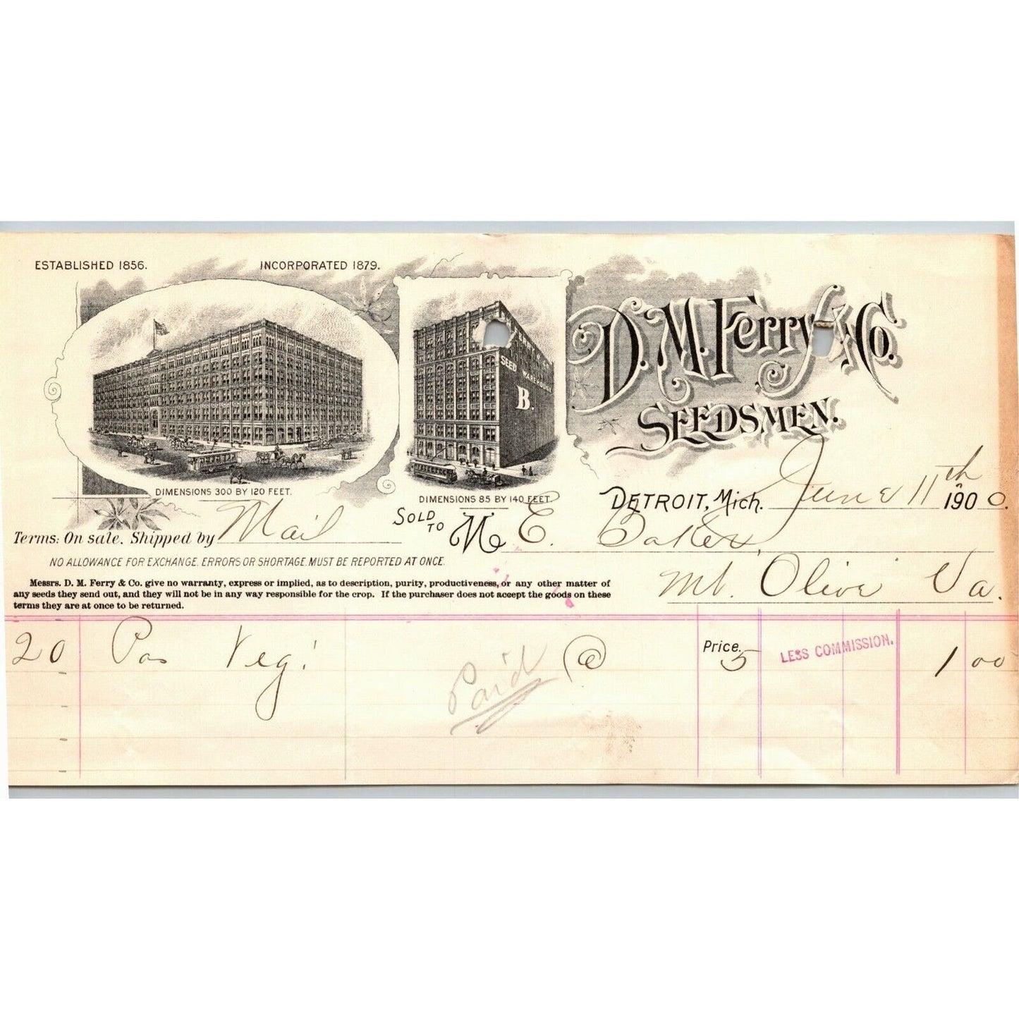 1900 Letterhead Billhead D.M. Ferry Seeds Seedsmen Detroit Ephraim Baker*