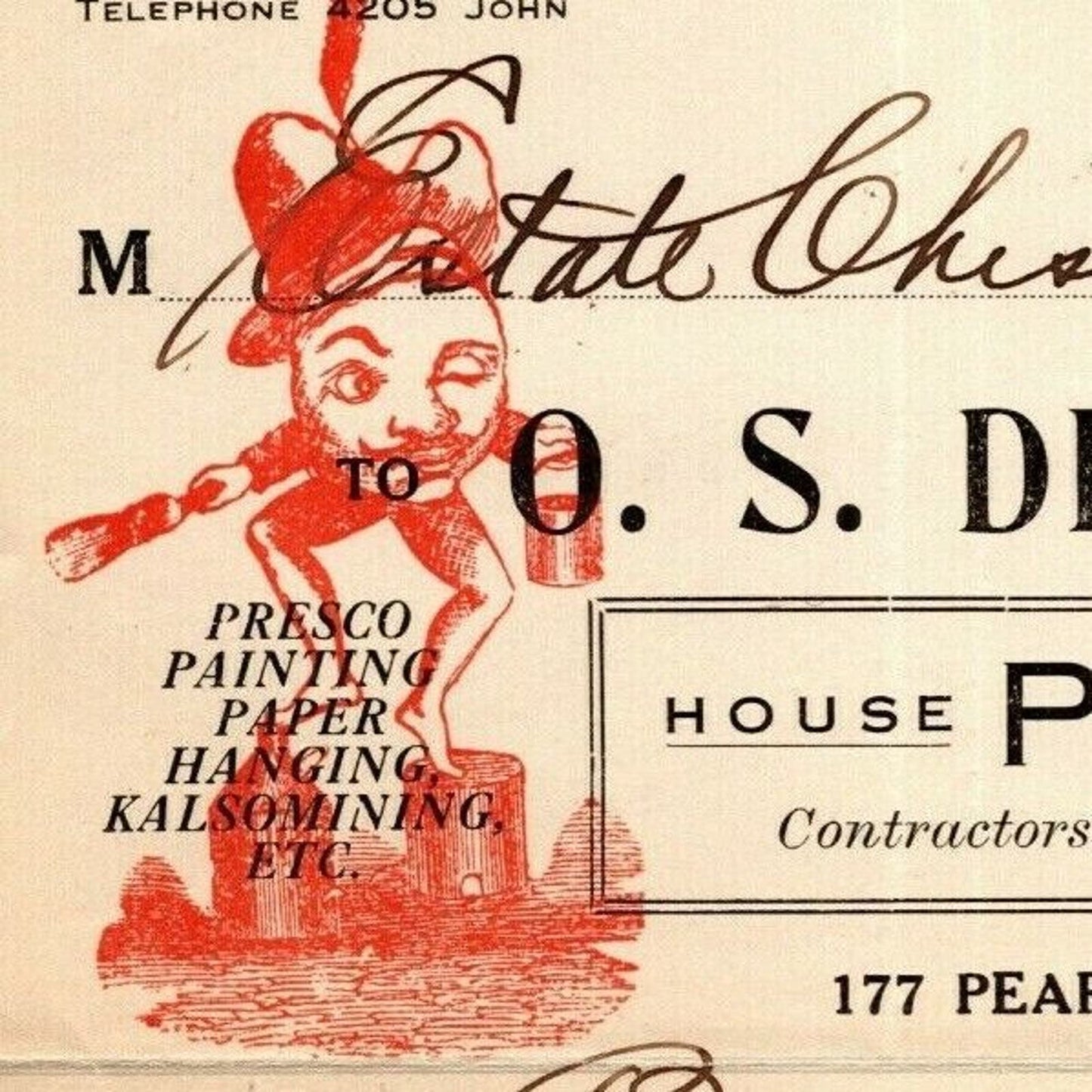 1915 "O. S. Dickson & Son Painter" House Sign Billhead Letterhead Pearl St. NYC