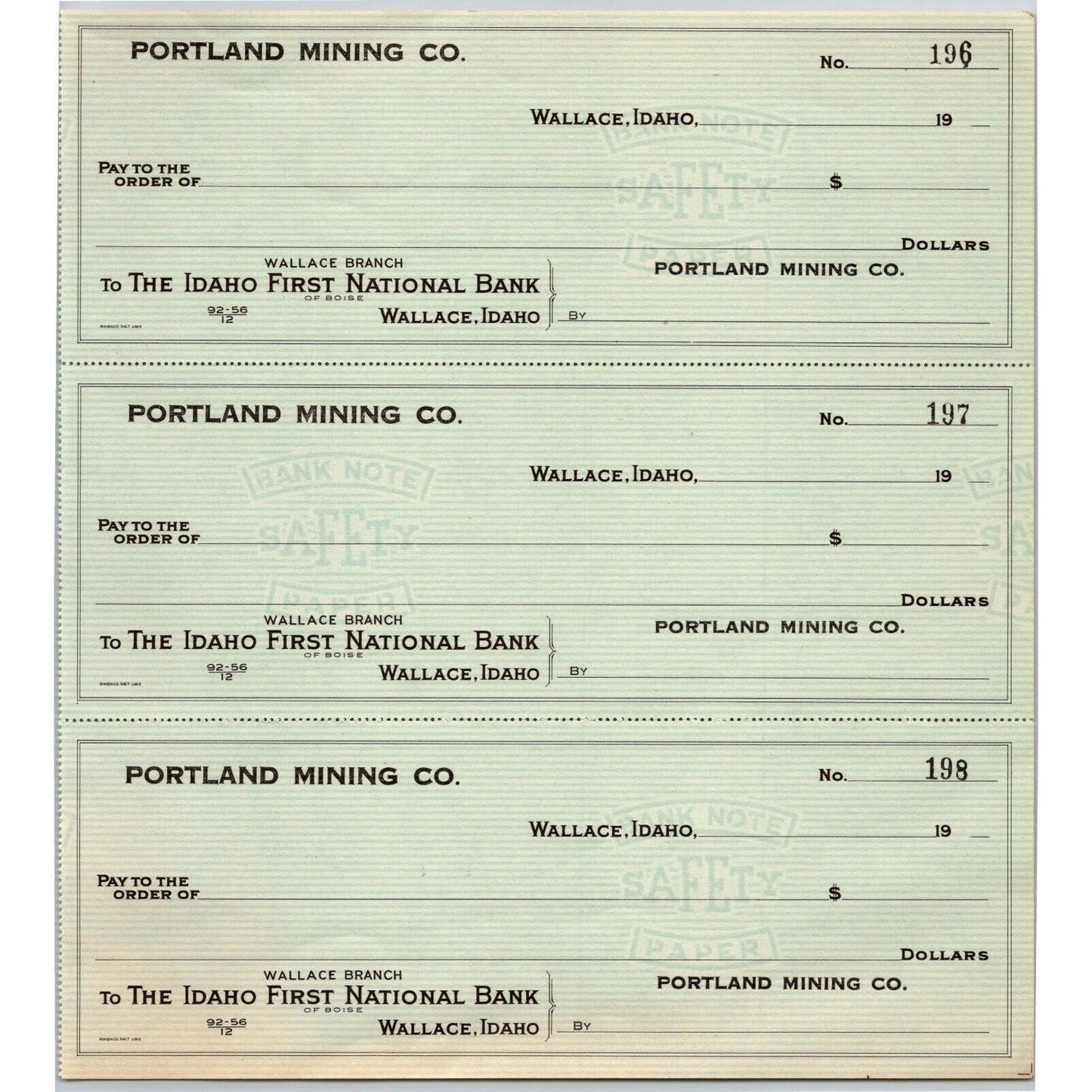 Wallace, ID Portland Mining Company Idaho First National Bank Check Sheet 1940's