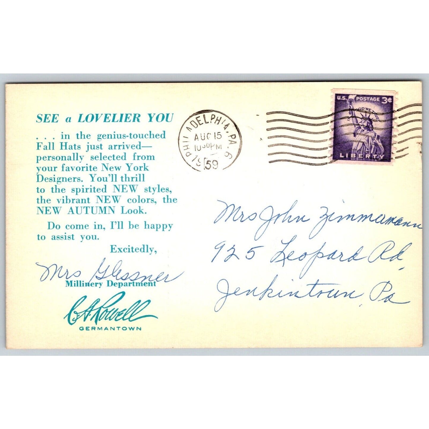 Germantown, PA Norman Durand Cloche C.A. Rowell* Advertising Postcard c1959 VGC