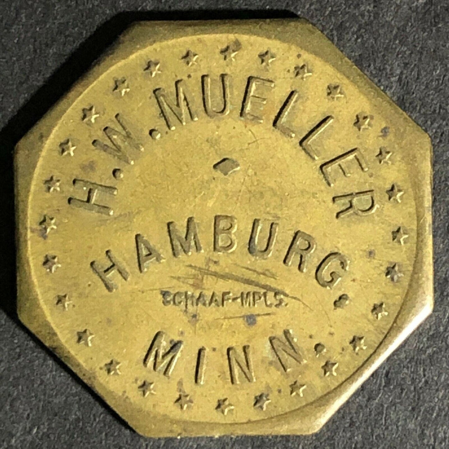 H.W. Mueller - Hamburg, Minn. Octagon Token G/F 5c In Trade 22.25mm Scarce