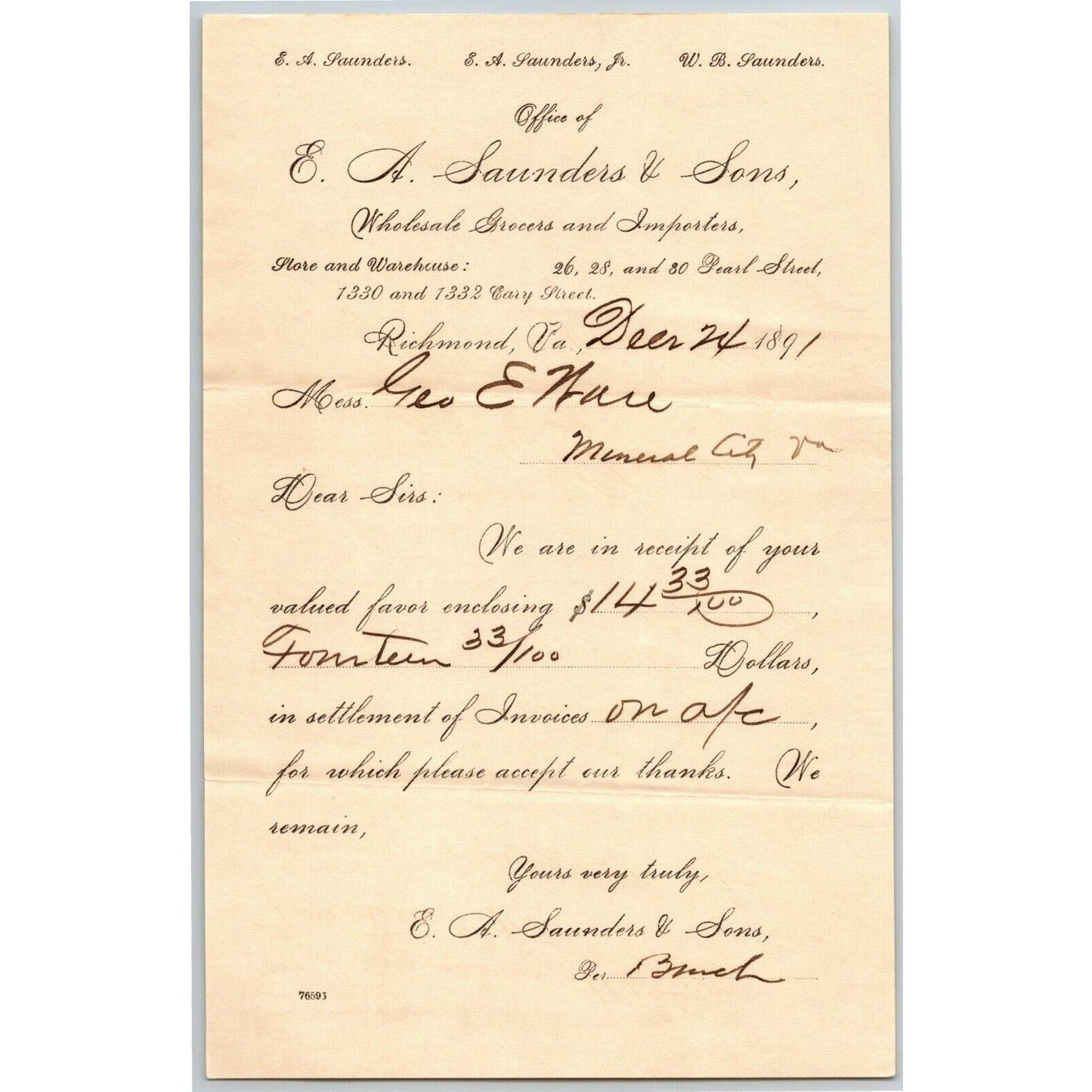 E.A. Saunders and Son Grocer Letterhead Richmond, VA to Geo. E. Wear 1891