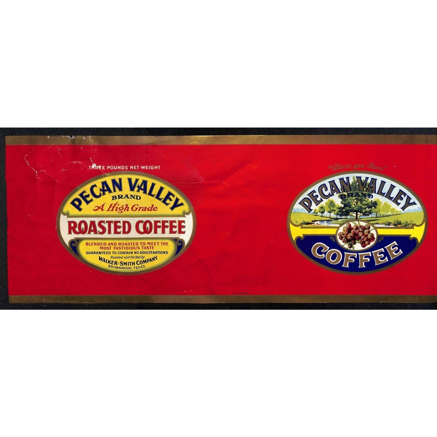Scarce Pecan Valley Roasted Coffee Walker-Smith Brownwood, TX Paper Label c1930