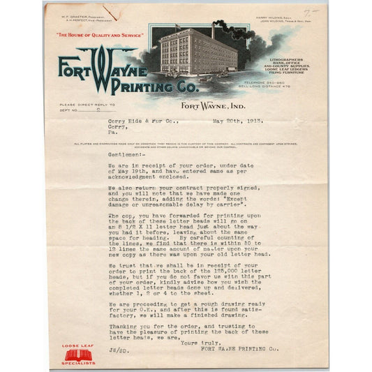 Fort Wayne Printing Co.1913 Letterhead Lithographers Bank Office Supplies