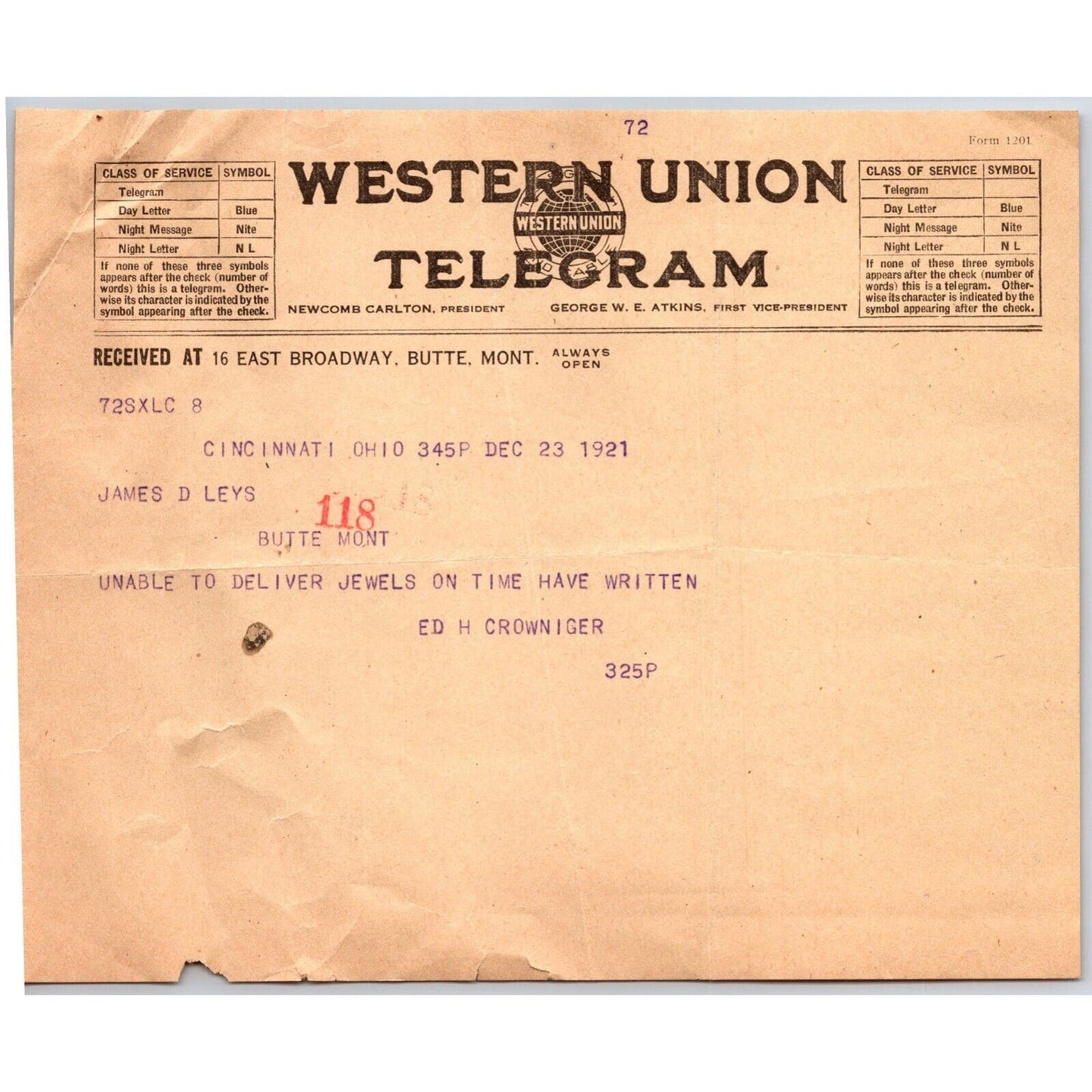 "Leys" Jewelers Butte, MT 1921 Western Union Telegram re: Deliver Jewels