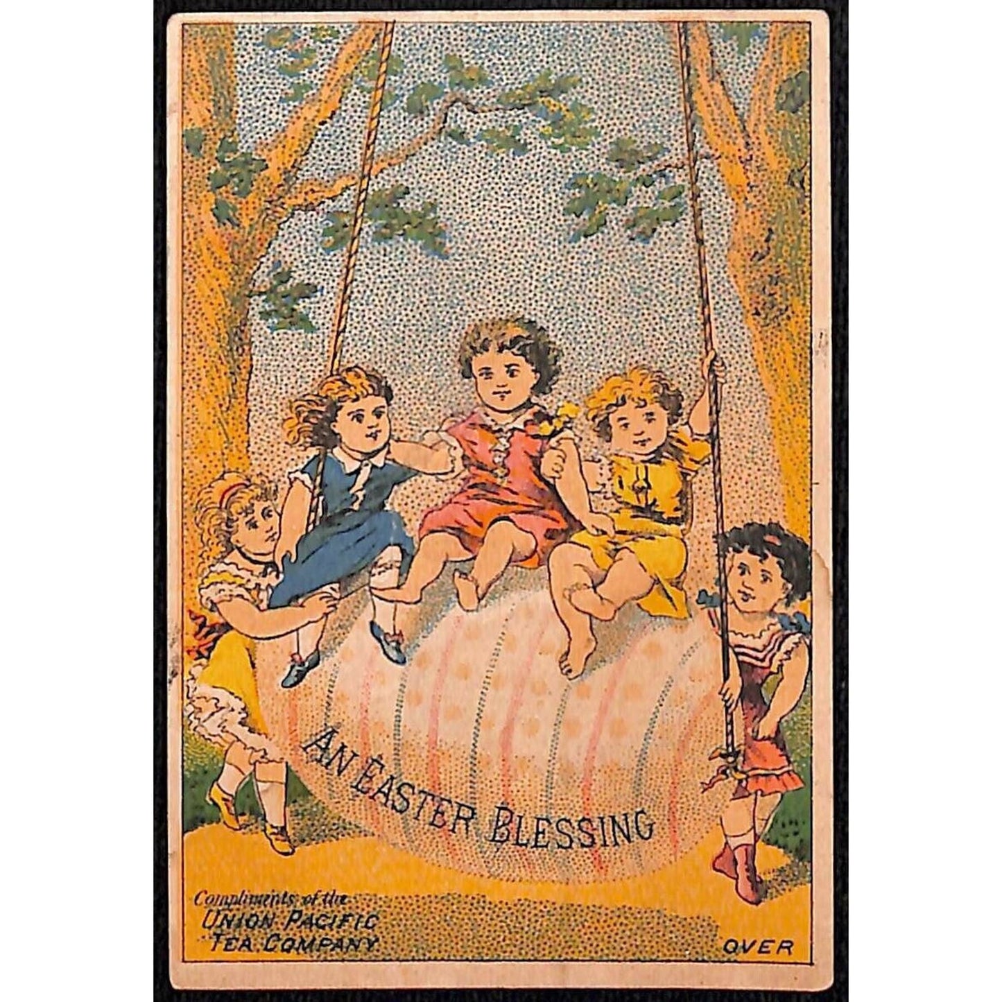 Girls play on Easter Egg Swing Victorian Trade Card Union Pacific Tea - Damaged