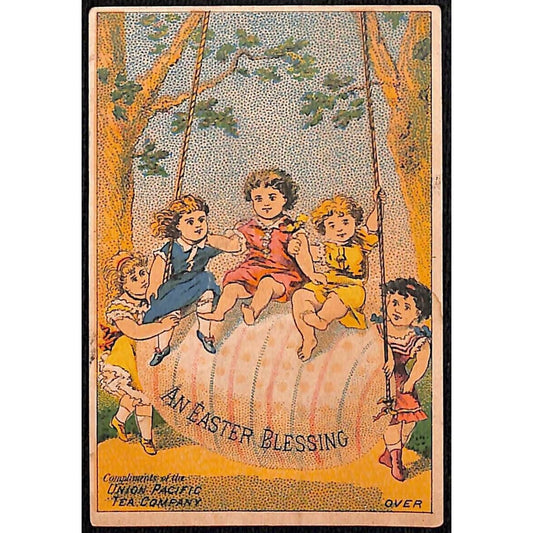 Girls play on Easter Egg Swing Victorian Trade Card Union Pacific Tea - Damaged