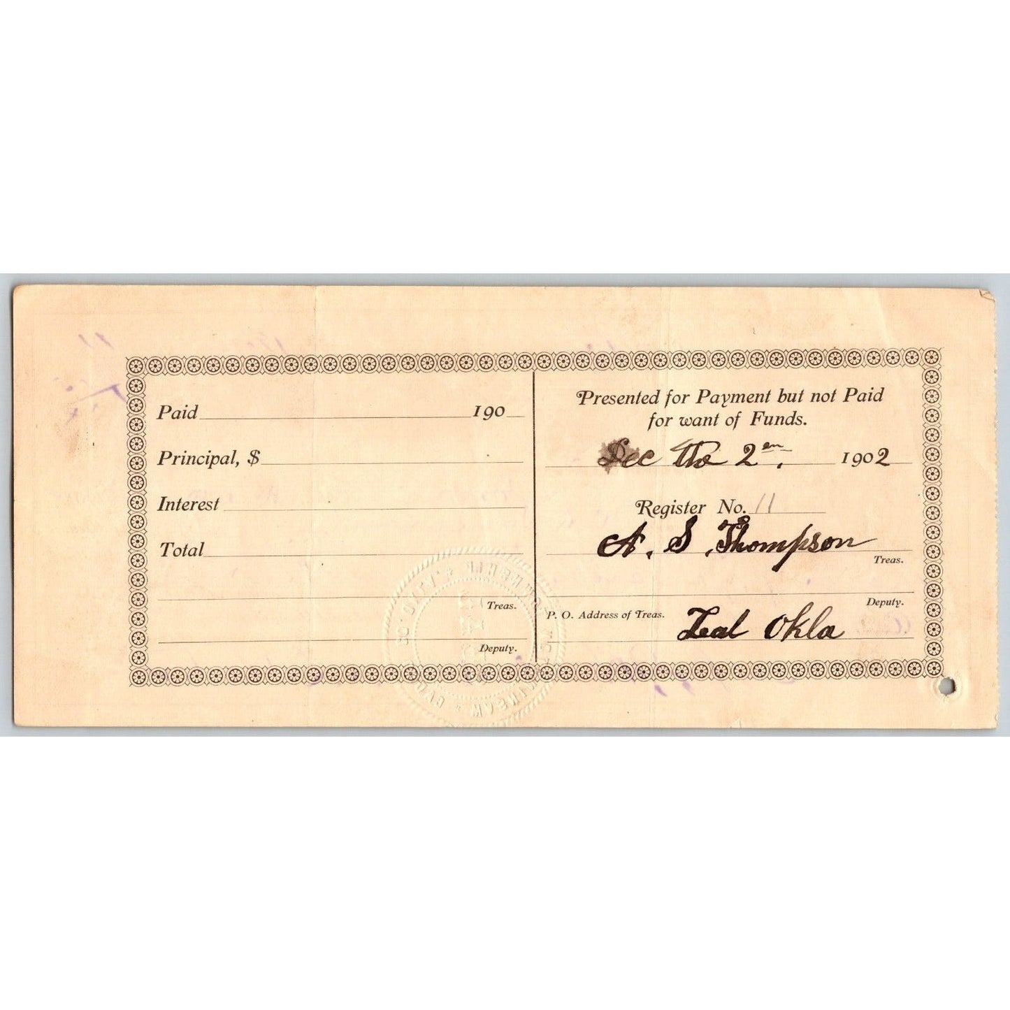 Caddo County / Washington Township Oklahoma 1902 Territorial Warrant - Scarce