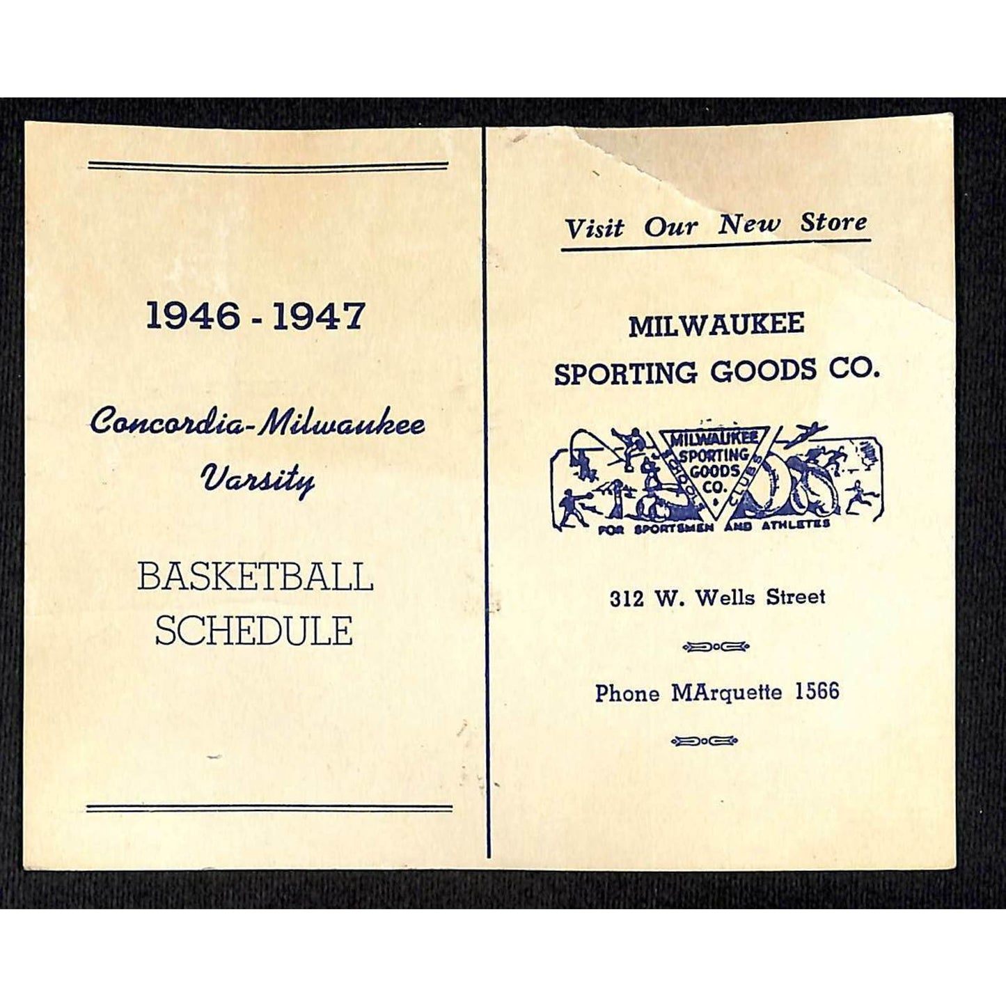 1946-47 Concordia Collage Milwaukee Basketball Pocket Schedule (Sporting Goods)