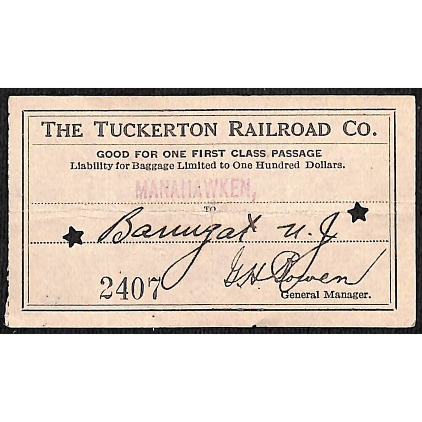 1931 Tuckerton Railroad First Class Ticket Manahawken, NJ Scarce #2407
