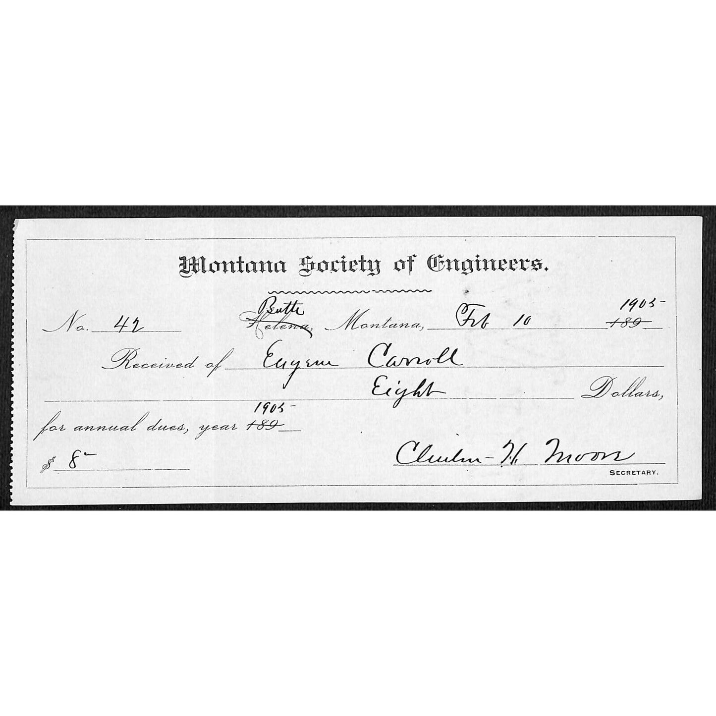 Helena / Butte Montana 1905 "Society of Engineers" / Eugene Carroll Receipt