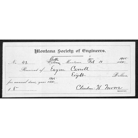 Helena / Butte Montana 1905 "Society of Engineers" / Eugene Carroll Receipt