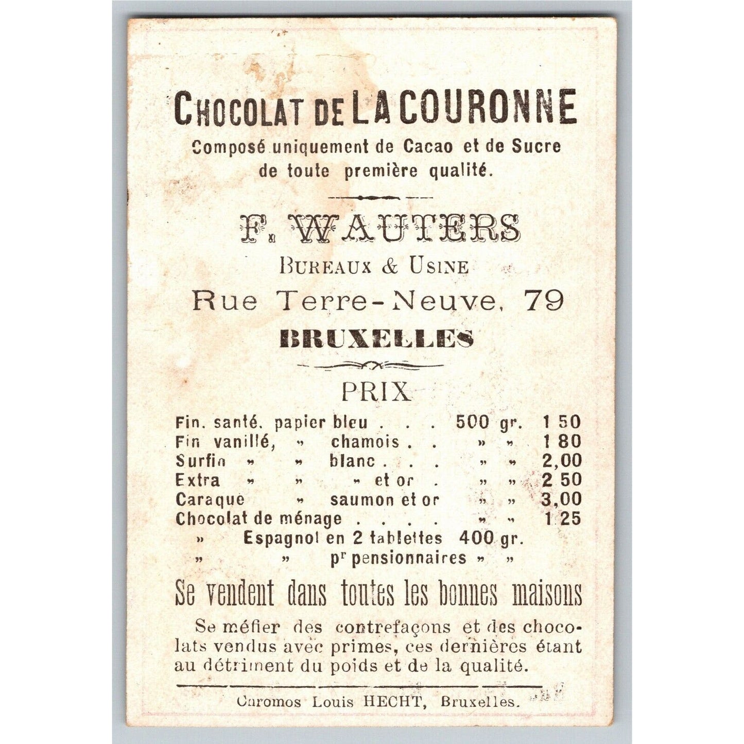 French Victorian Trade Card Chocolat de La Couronne - Couple Ice Skating