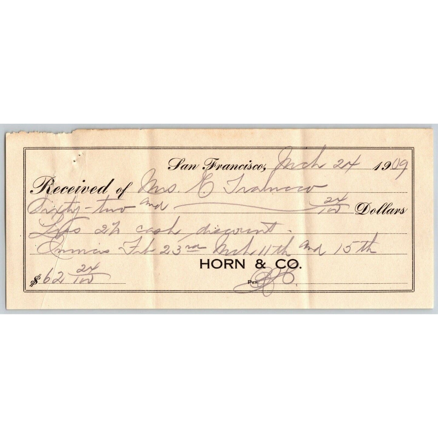 1909 Received Receipt to Horn & Co.(Cigars and Tobacco) - San Francisco, CA