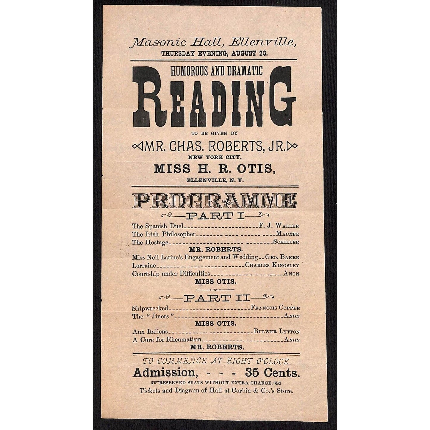 Ellenville, NY Masonic Hall Programme Broadside Chas. Roberts Jr. Miss H.R. Otis