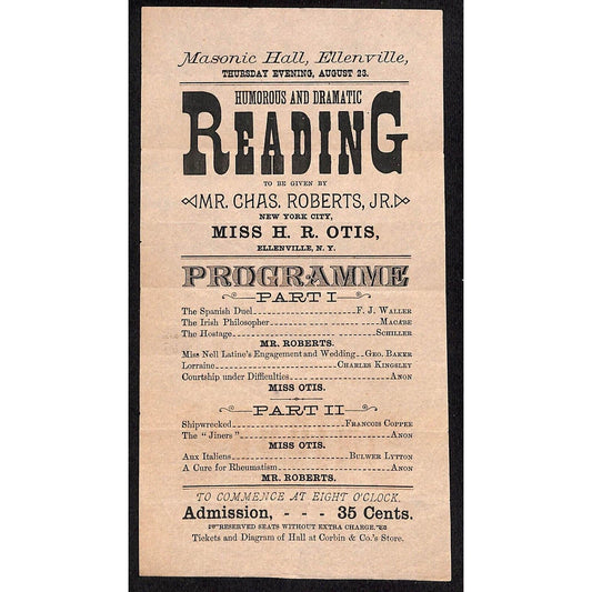 Ellenville, NY Masonic Hall Programme Broadside Chas. Roberts Jr. Miss H.R. Otis