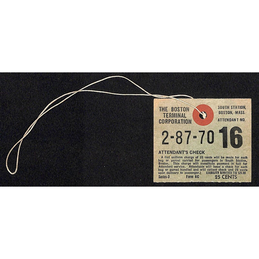 Boston Terminal Corporation Baggage / Parcel Claim Ticket / Attendant's Check