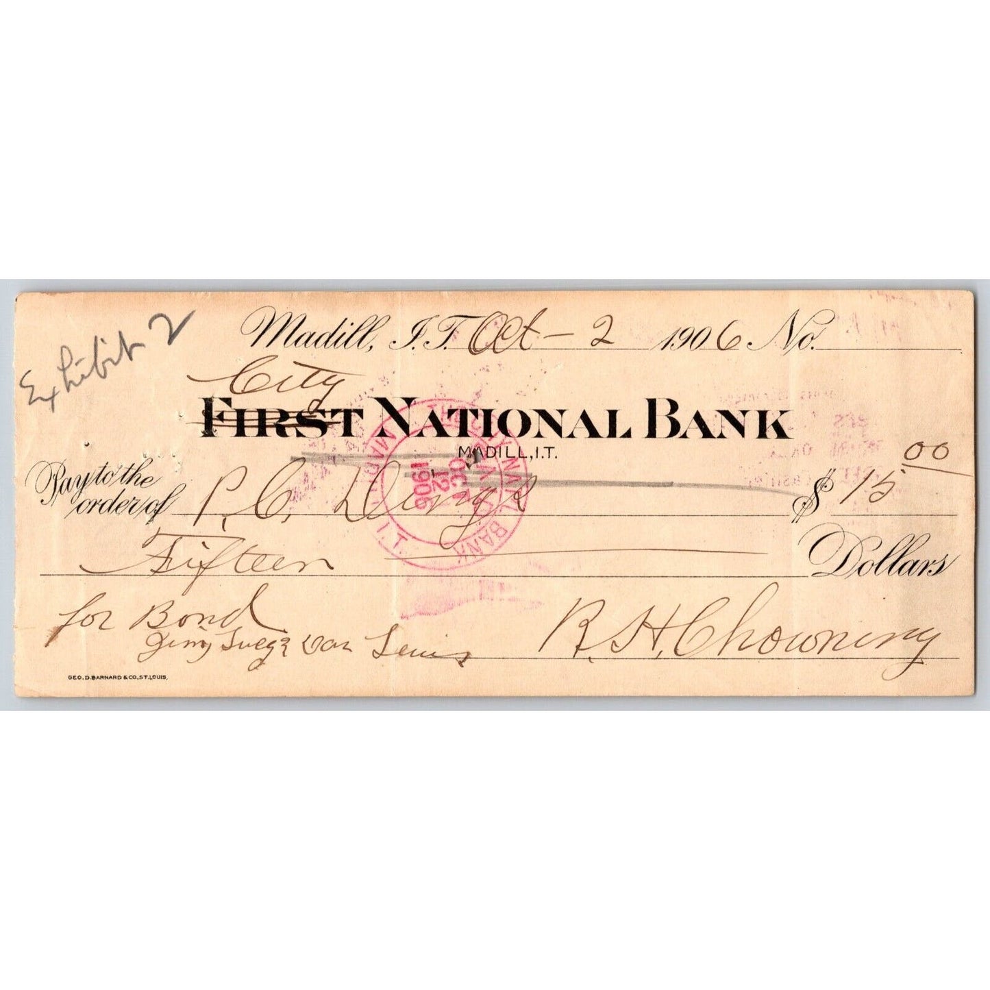 Madill, OK 1906 Indian Territory FNB $15 Bank Check Scarce