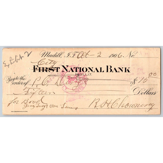Madill, OK 1906 Indian Territory FNB $15 Bank Check Scarce